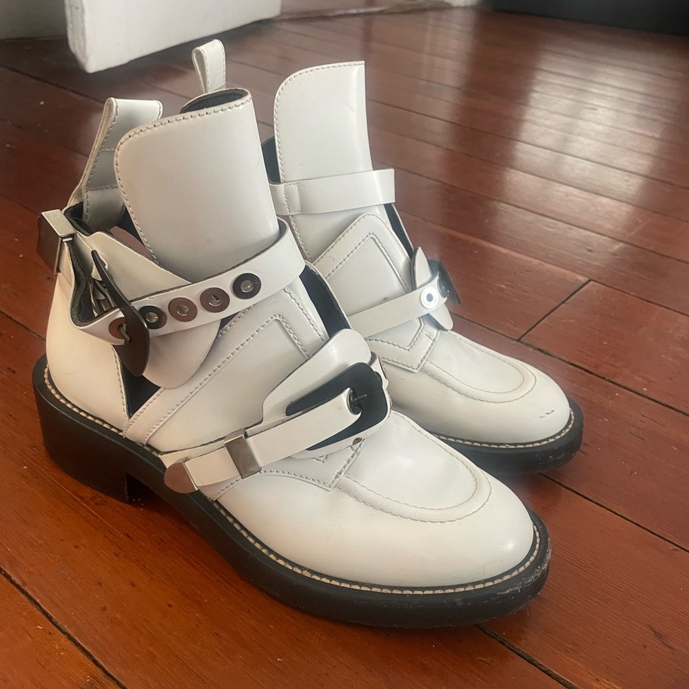 Balenciaga Ceinture White Black Leather Buckle Cut Out Short Ankle Combat Boot